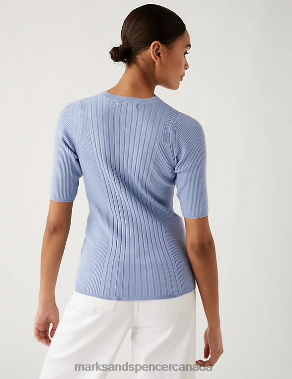 Women Medium Blue Clothing Marks & Spencer Ribbed Crew Neck Knitted Top 20VTD414 - Marks and Spencer outlet