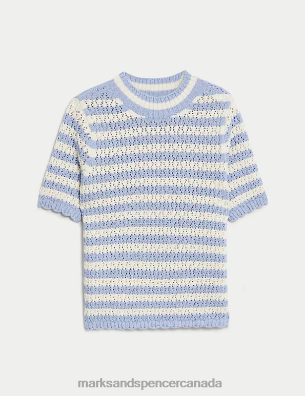 Marks and Spencer Canada - Women Medium Blue Mix Clothing Marks & Spencer Cotton Rich Textured Striped Knitted Top 20VTD384