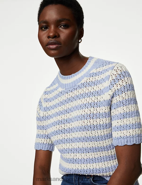 Marks and Spencer Canada - Women Medium Blue Mix Clothing Marks & Spencer Cotton Rich Textured Striped Knitted Top 20VTD384