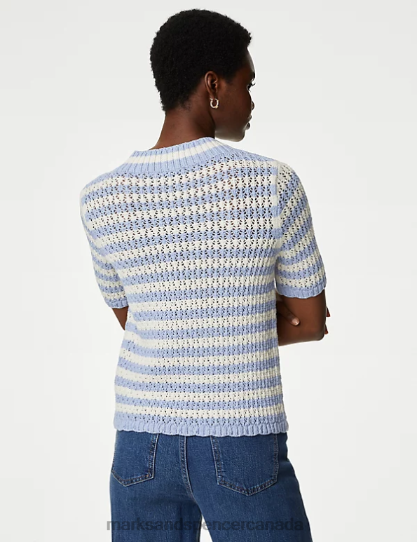 Marks and Spencer Canada - Women Medium Blue Mix Clothing Marks & Spencer Cotton Rich Textured Striped Knitted Top 20VTD384