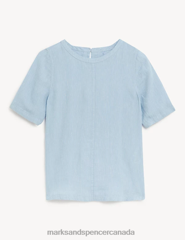 Women Medium Blue Mix Clothing Marks & Spencer Pure Linen Striped Round Neck Top 20VTD521 - Marks and Spencer outlet