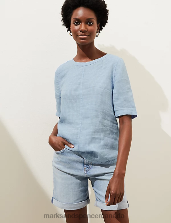 Women Medium Blue Mix Clothing Marks & Spencer Pure Linen Striped Round Neck Top 20VTD521 - Marks and Spencer outlet