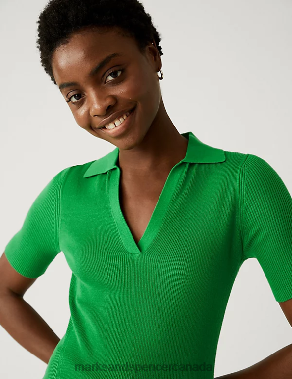 Women Medium Green Clothing Marks & Spencer Cotton Rich Ribbed Collared Knitted Top 20VTD1275 - Marks and Spencer Canada locations
