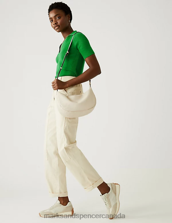 Women Medium Green Clothing Marks & Spencer Cotton Rich Ribbed Collared Knitted Top 20VTD1275 - Marks and Spencer Canada locations