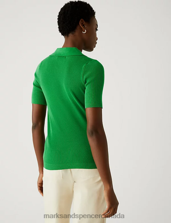 Women Medium Green Clothing Marks & Spencer Cotton Rich Ribbed Collared Knitted Top 20VTD1275 - Marks and Spencer Canada locations