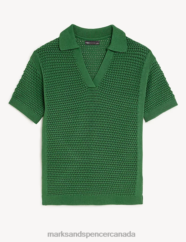 Women Medium Green Clothing Marks & Spencer Pure Cotton Collared Knitted Top 20VTD298 - Marks and Spencer online