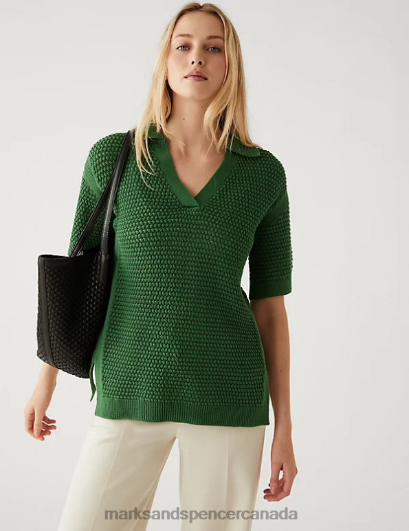 Women Medium Green Clothing Marks & Spencer Pure Cotton Collared Knitted Top 20VTD298 - Marks and Spencer online