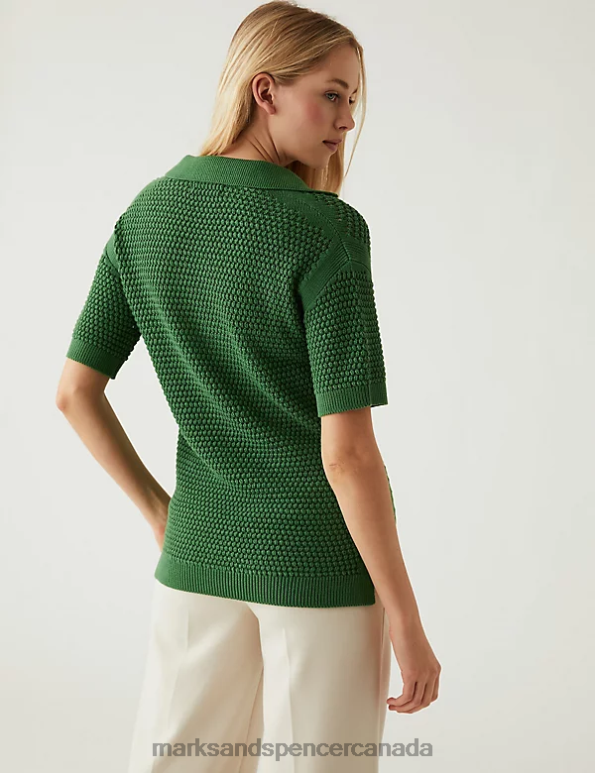 Women Medium Green Clothing Marks & Spencer Pure Cotton Collared Knitted Top 20VTD298 - Marks and Spencer online