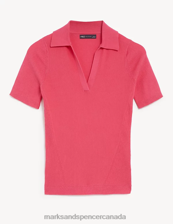Women Medium Pink Clothing Marks & Spencer Cotton Rich Ribbed Collared Knitted Top 20VTD916 - Marks and Spencer Canada locations