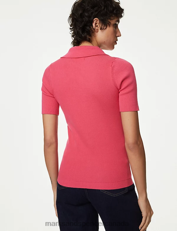 Women Medium Pink Clothing Marks & Spencer Cotton Rich Ribbed Collared Knitted Top 20VTD916 - Marks and Spencer Canada locations