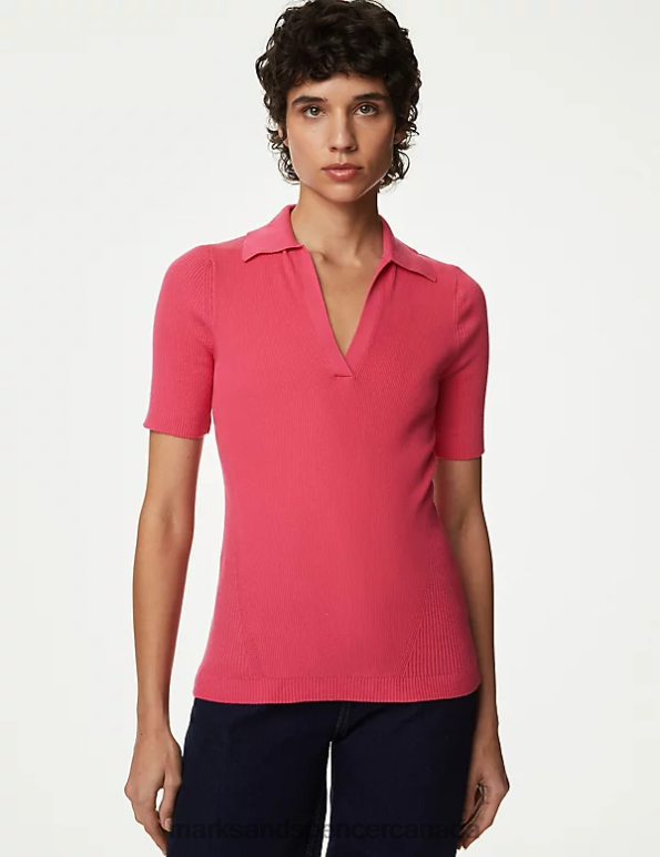 Women Medium Pink Clothing Marks & Spencer Cotton Rich Ribbed Collared Knitted Top 20VTD916 - Marks and Spencer Canada locations