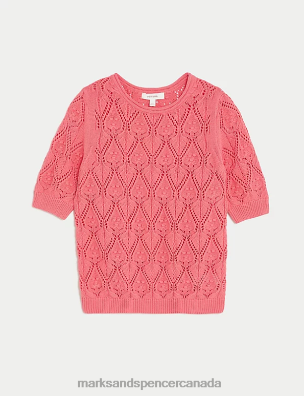 Women Medium Pink Clothing Marks & Spencer Pure Cotton Textured Round Neck Knitted Top 20VTD324 - Marks and Spencer outlet