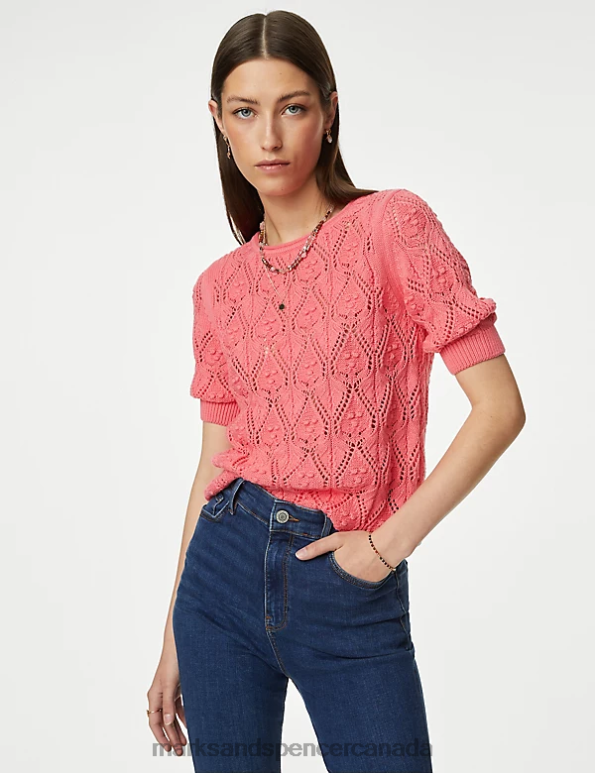 Women Medium Pink Clothing Marks & Spencer Pure Cotton Textured Round Neck Knitted Top 20VTD324 - Marks and Spencer outlet