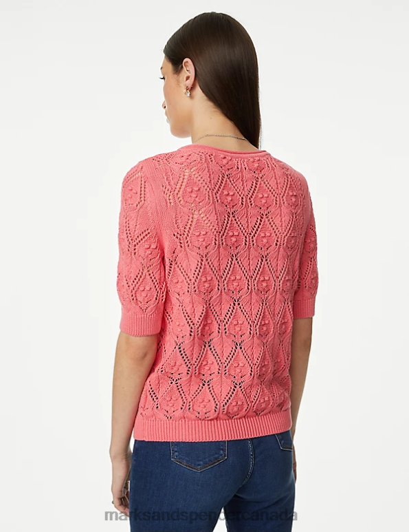 Women Medium Pink Clothing Marks & Spencer Pure Cotton Textured Round Neck Knitted Top 20VTD324 - Marks and Spencer outlet