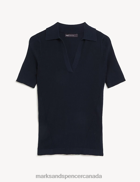 Women Midnight Navy Clothing Marks & Spencer Cotton Rich Ribbed Collared Knitted Top 20VTD1276 - Marks and Spencer outlet