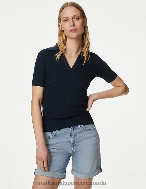 Women Midnight Navy Clothing Marks & Spencer Cotton Rich Ribbed Collared Knitted Top 20VTD1276 - Marks and Spencer outlet