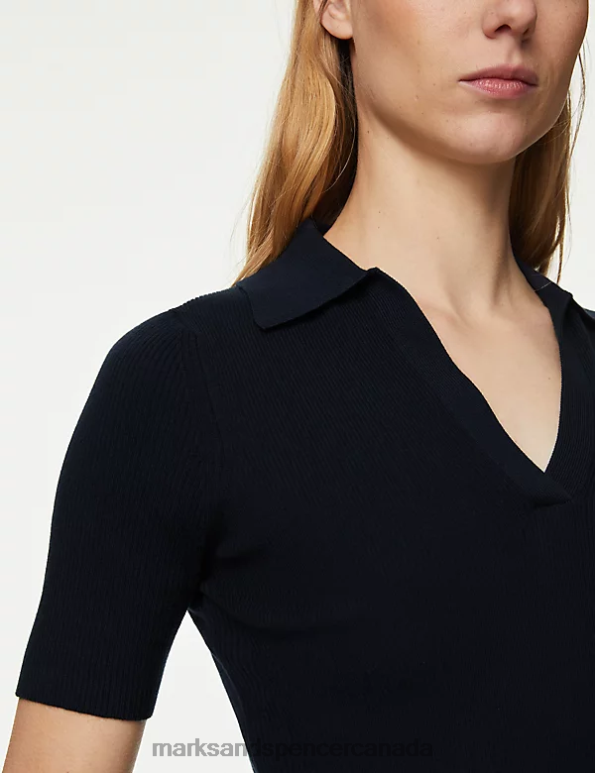 Women Midnight Navy Clothing Marks & Spencer Cotton Rich Ribbed Collared Knitted Top 20VTD1276 - Marks and Spencer outlet