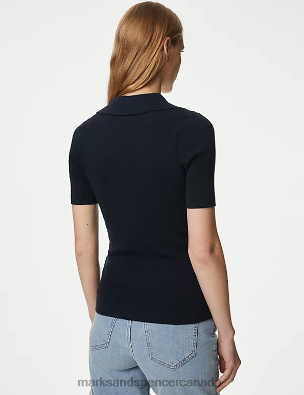 Women Midnight Navy Clothing Marks & Spencer Cotton Rich Ribbed Collared Knitted Top 20VTD1276 - Marks and Spencer outlet