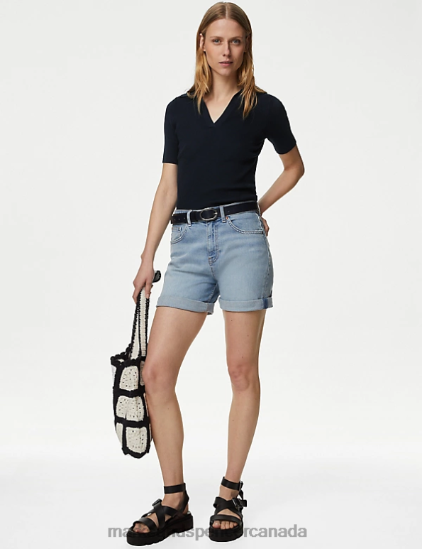 Women Midnight Navy Clothing Marks & Spencer Cotton Rich Ribbed Collared Knitted Top 20VTD1276 - Marks and Spencer outlet