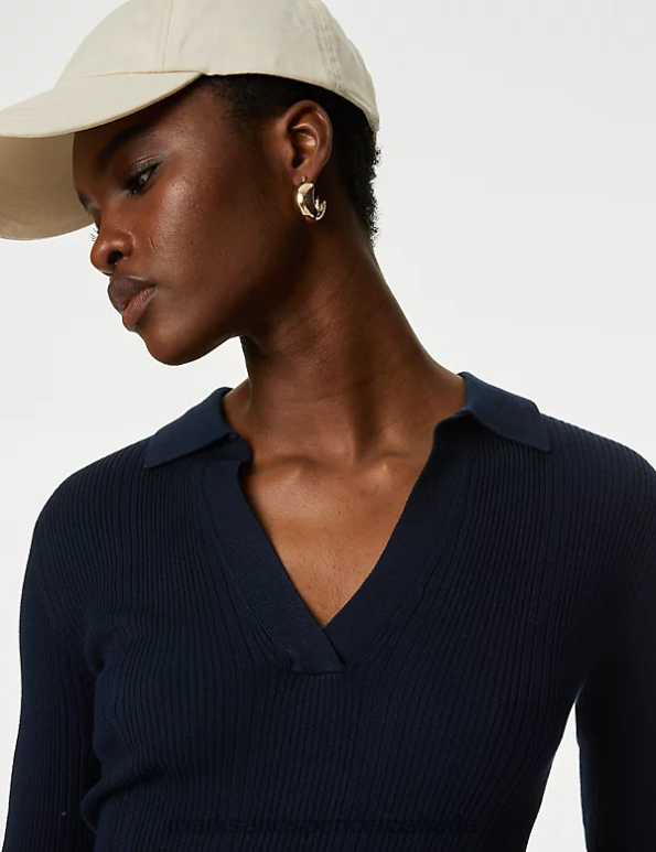 Women Midnight Navy Clothing Marks & Spencer Ribbed Collared Fitted Knitted Top 20VTD1022 - Marks and Spencer online