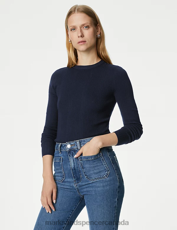 Marks and Spencer Canada - Women Midnight Navy Clothing Marks & Spencer Ribbed Crew Neck Fitted Knitted Top 20VTD1563