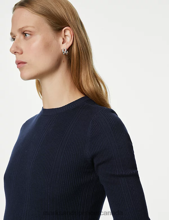 Marks and Spencer Canada - Women Midnight Navy Clothing Marks & Spencer Ribbed Crew Neck Fitted Knitted Top 20VTD1563