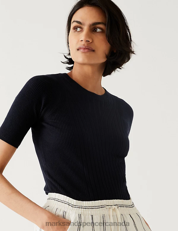 Women Midnight Navy Clothing Marks & Spencer Ribbed Crew Neck Knitted Top 20VTD413 - Marks and Spencer Canada locations