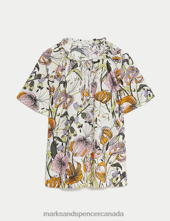 Women Multi Clothing Marks & Spencer Pure Cotton Floral Tie Neck Top 20VTD62 - Marks and Spencer Canada locations
