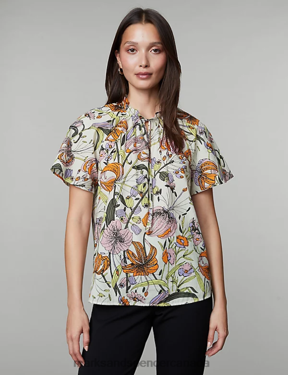 Women Multi Clothing Marks & Spencer Pure Cotton Floral Tie Neck Top 20VTD62 - Marks and Spencer Canada locations