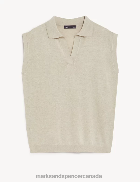 Women Natural Clothing Marks & Spencer Collared Relaxed Knitted Vest with Linen 20VTD882 - Marks and Spencer outlet