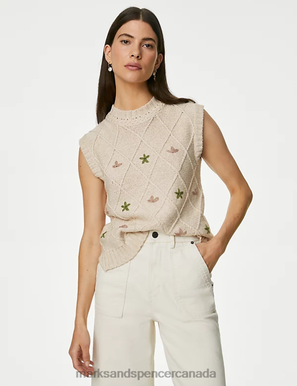 Marks and Spencer sale - Women Natural Mix Clothing Marks & Spencer Cotton Blend Embroidered Knitted Vest 20VTD1206