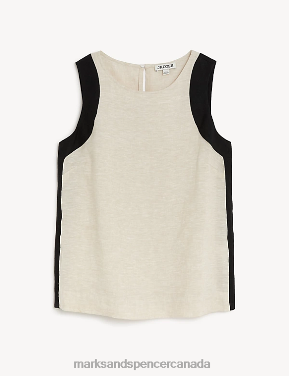 Marks and Spencer Canada - Women Natural Mix Clothing Marks & Spencer Pure Linen Crew Neck Side Stripe Vest Top 20VTD1332