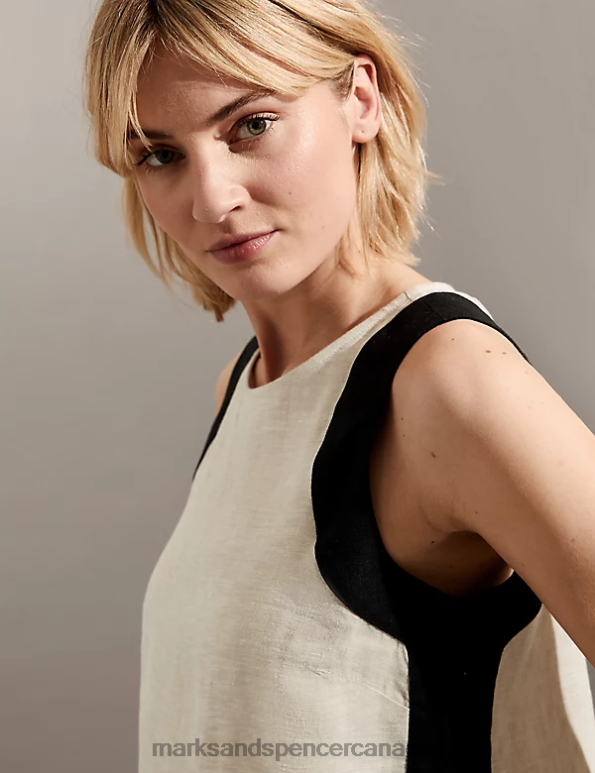 Marks and Spencer Canada - Women Natural Mix Clothing Marks & Spencer Pure Linen Crew Neck Side Stripe Vest Top 20VTD1332