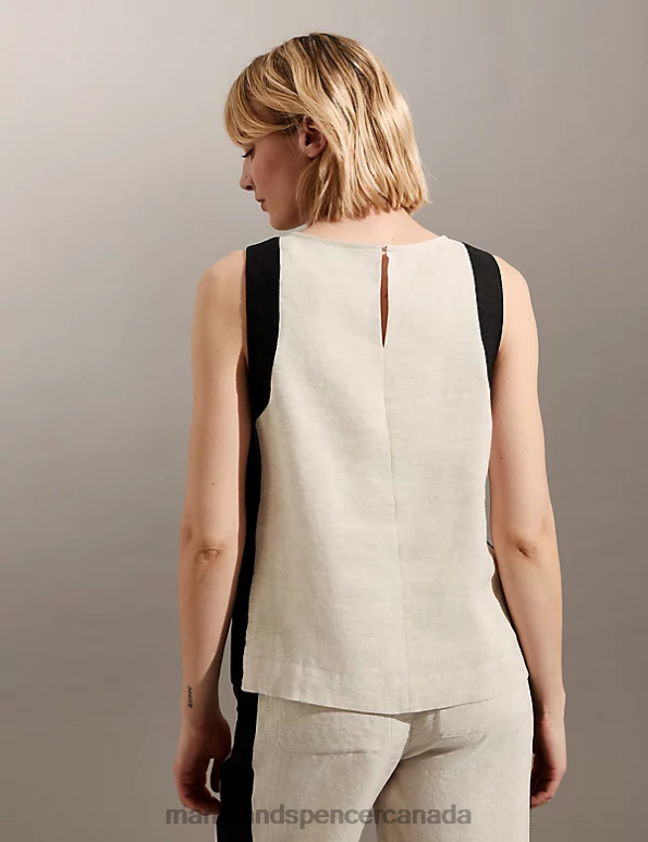 Marks and Spencer Canada - Women Natural Mix Clothing Marks & Spencer Pure Linen Crew Neck Side Stripe Vest Top 20VTD1332