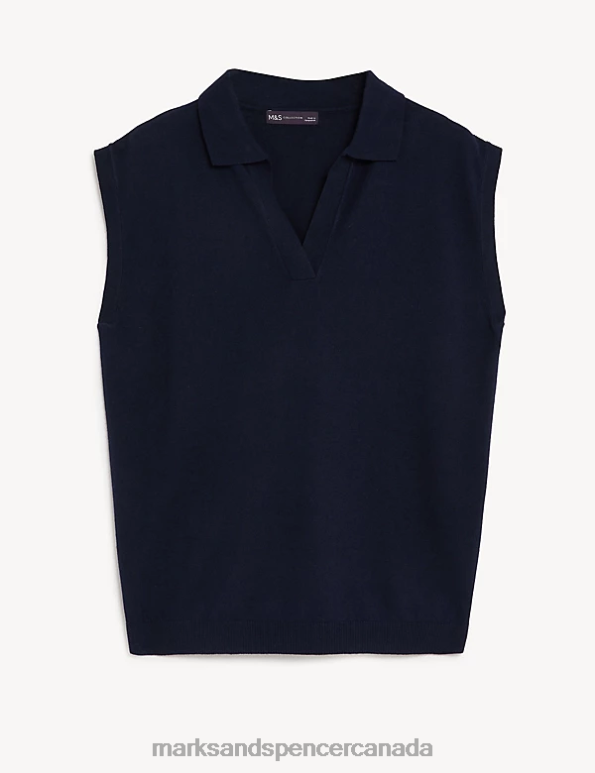 Women Navy Clothing Marks & Spencer Collared Relaxed Knitted Vest with Linen 20VTD502 - Marks and Spencer online