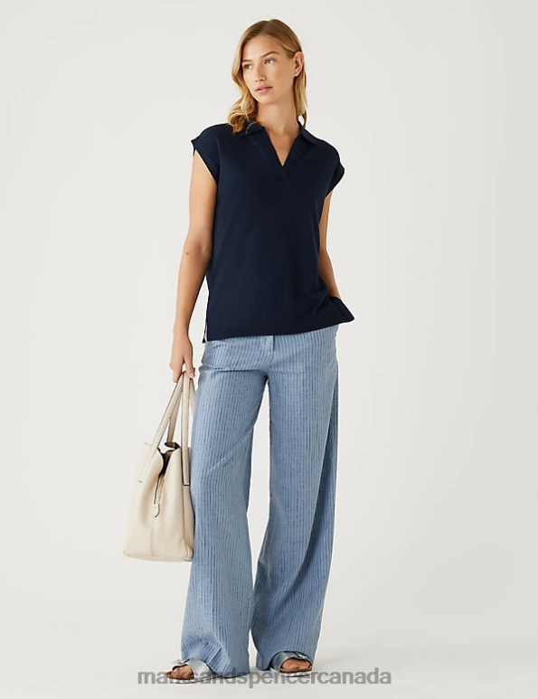 Women Navy Clothing Marks & Spencer Collared Relaxed Knitted Vest with Linen 20VTD502 - Marks and Spencer online