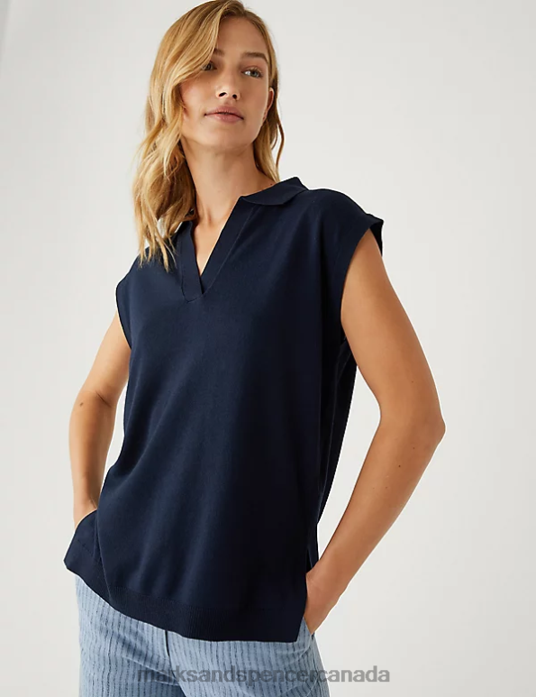 Women Navy Clothing Marks & Spencer Collared Relaxed Knitted Vest with Linen 20VTD502 - Marks and Spencer online
