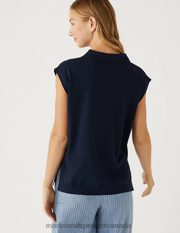 Women Navy Clothing Marks & Spencer Collared Relaxed Knitted Vest with Linen 20VTD502 - Marks and Spencer online