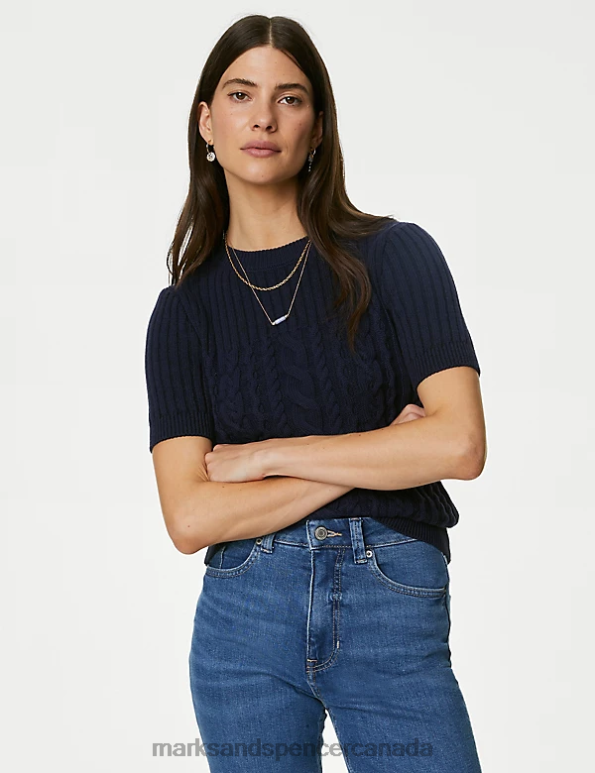 Marks and Spencer sale - Women Navy Clothing Marks & Spencer Cotton Rich Cable Knit Knitted Top 20VTD684