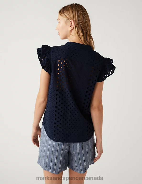 Marks and Spencer near me - Women Navy Clothing Marks & Spencer Pure Cotton Broderie Frill Detail Top 20VTD2690