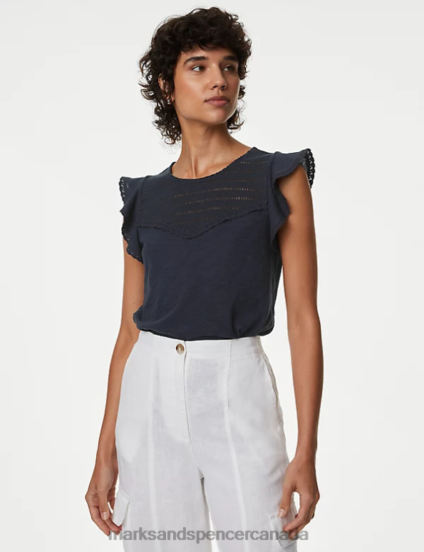 Women Navy Clothing Marks & Spencer Pure Cotton Embroidered Frill Detail Top 20VTD1208 - Marks and Spencer Canada locations