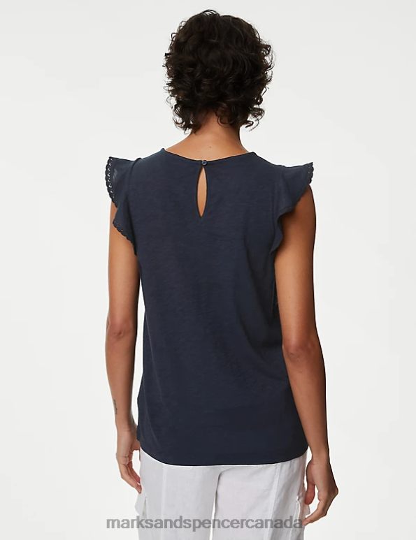 Women Navy Clothing Marks & Spencer Pure Cotton Embroidered Frill Detail Top 20VTD1208 - Marks and Spencer Canada locations