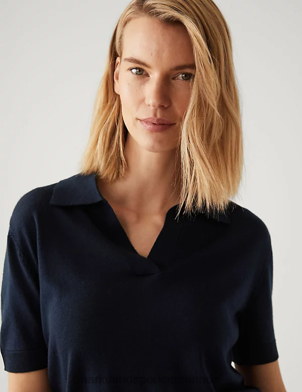 Women Navy Clothing Marks & Spencer Pure Merino Wool Collared Knitted Top 20VTD1709 - Marks and Spencer Canada locations