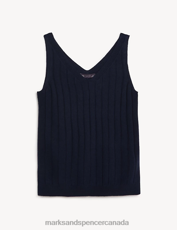 Marks and Spencer Canada - Women Navy Clothing Marks & Spencer Ribbed V-Neck Knitted Vest with Linen 20VTD2059