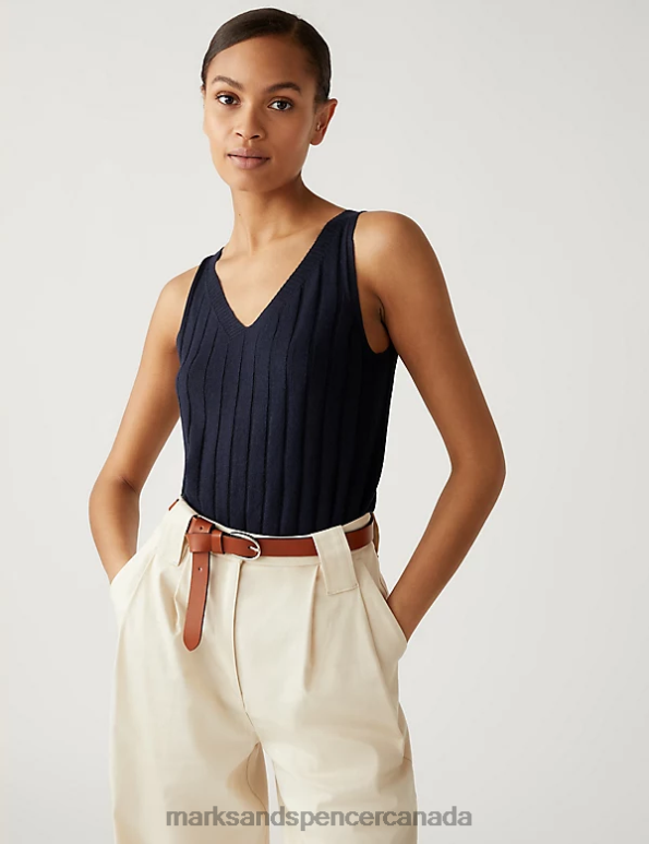Marks and Spencer Canada - Women Navy Clothing Marks & Spencer Ribbed V-Neck Knitted Vest with Linen 20VTD2059