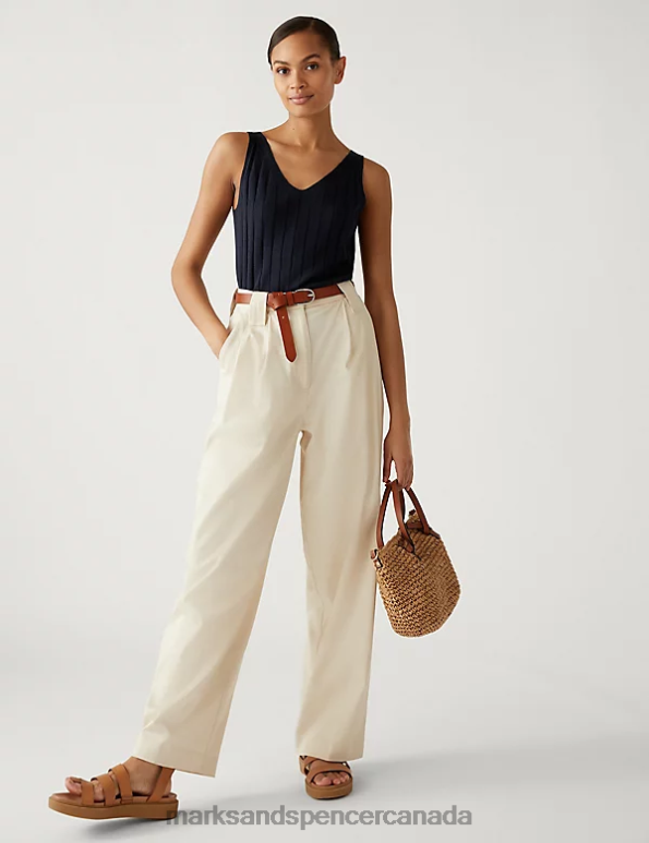 Marks and Spencer Canada - Women Navy Clothing Marks & Spencer Ribbed V-Neck Knitted Vest with Linen 20VTD2059