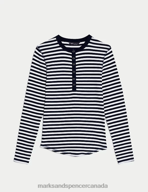 Women Navy Mix Clothing Marks & Spencer Cotton Rich Striped Henley Top 20VTD1625 - Marks and Spencer Canada locations