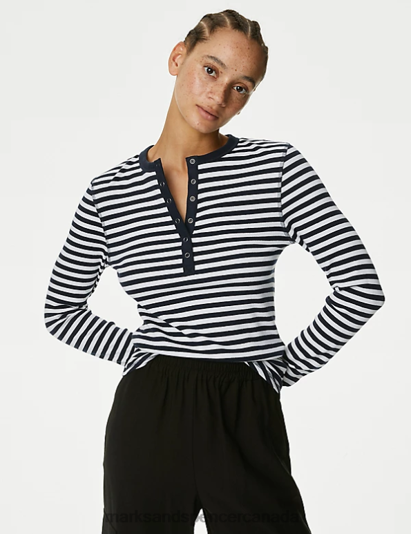 Women Navy Mix Clothing Marks & Spencer Cotton Rich Striped Henley Top 20VTD1625 - Marks and Spencer Canada locations