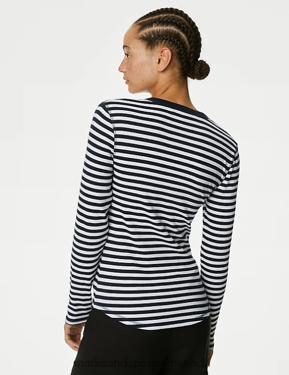 Women Navy Mix Clothing Marks & Spencer Cotton Rich Striped Henley Top 20VTD1625 - Marks and Spencer Canada locations