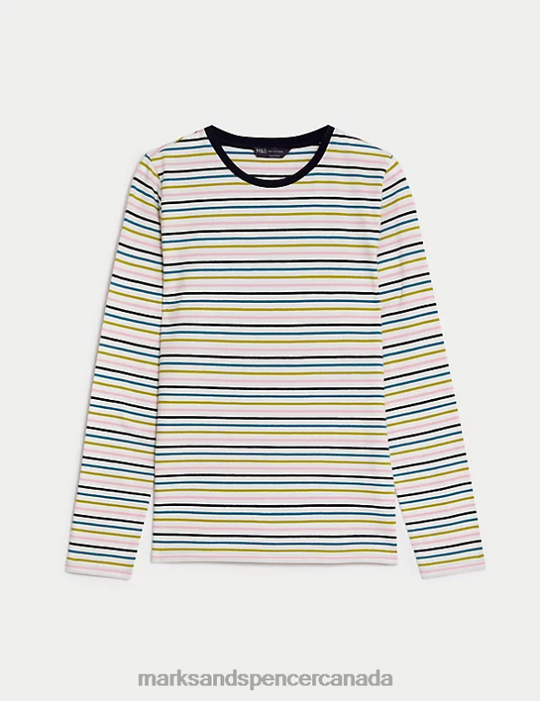 Women Navy Mix Clothing Marks & Spencer Cotton Rich Striped Slim Fit Top 20VTD2562 - Marks and Spencer outlet